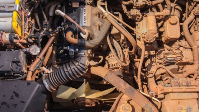 Engine bay: clean vs. dirty.